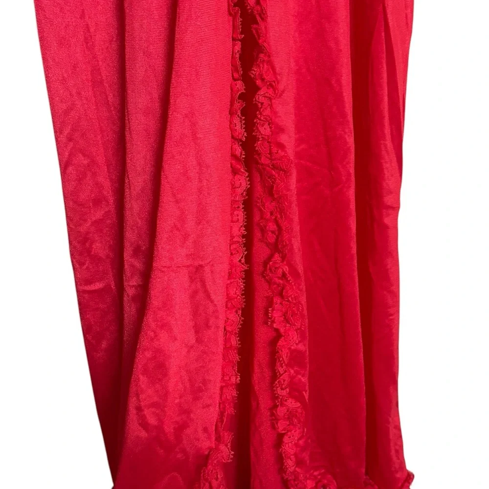 Vintage 70s Red Maxi Slip Dress Nightgown Ruffle Lace Empire Waist Dainty M - Picture 4 of 5
